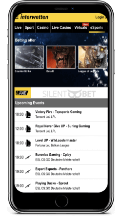 Interwetten mobile esports section on iPhone