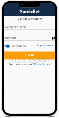 NordicBet mobile login page on iPhoen