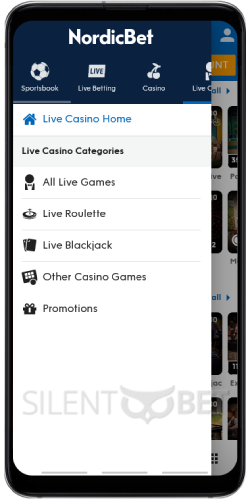 NordicBet mobile menu thru Android