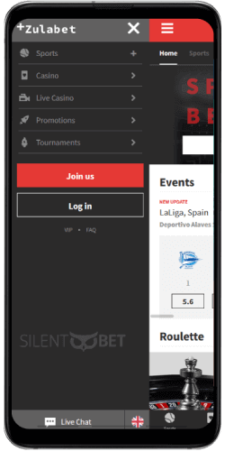 ZulaBet mobile menu thru Android