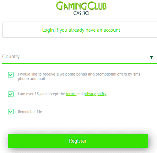 Gaming Club casino registration form