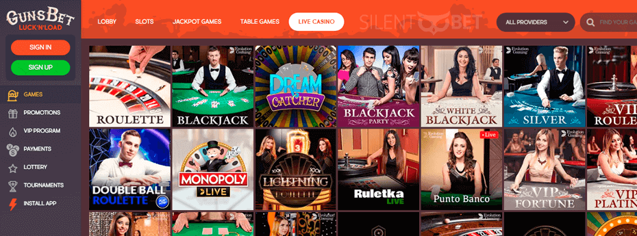 GunsBet live casino section