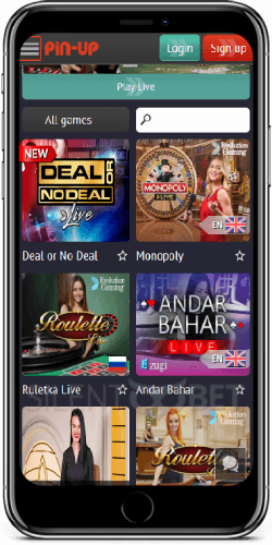 Pin Up Bet mobile live casino on iPhone