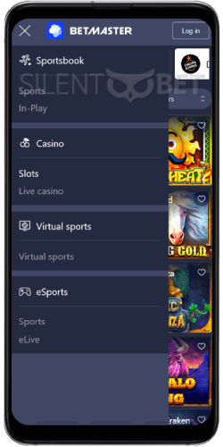 BetMaster Casino Menu on Android