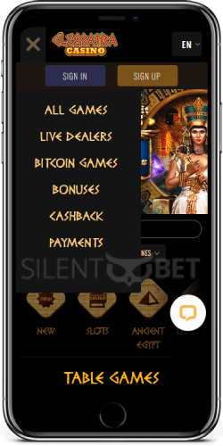 Cleopatra casino mobile menu on iPhone
