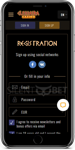 Cleopatra casino mobile signup form