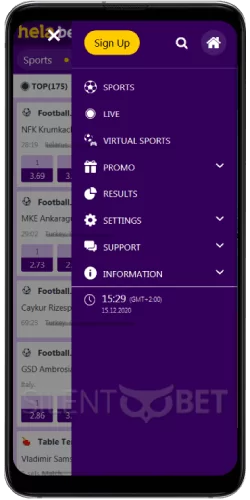 Helabet mobile menu on the Android app