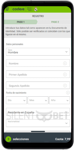 Registro móvil de Codere en Android