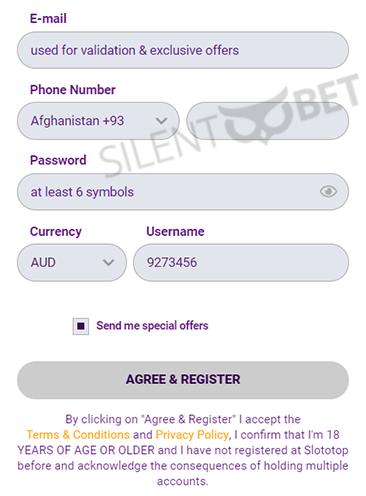 Slototop Casino Registration Form