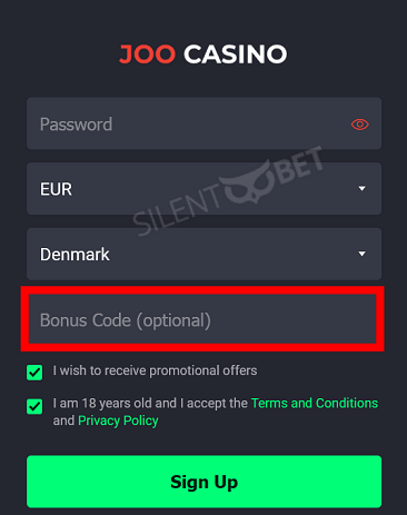 Joo Casino bonus code enter