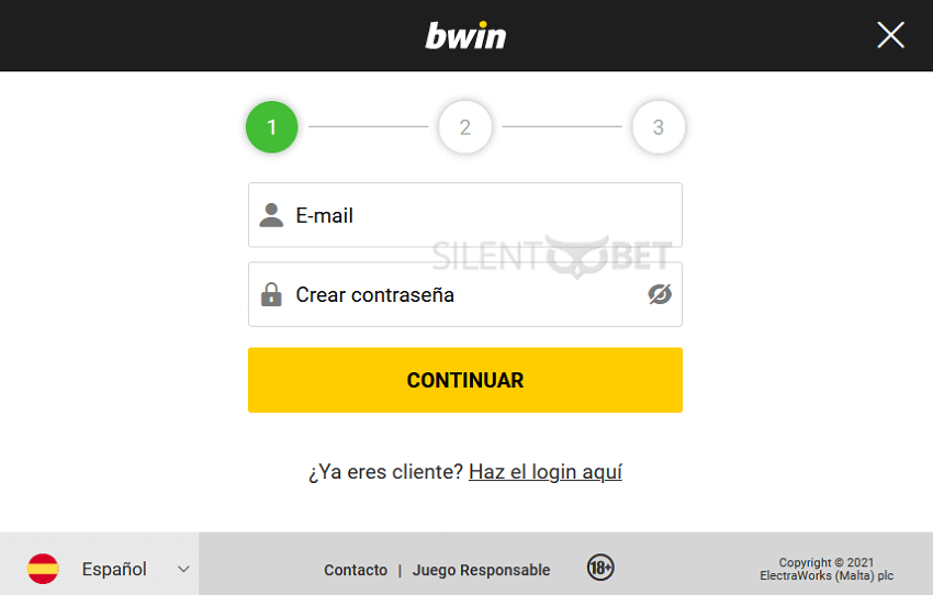 Formulario de registro de Bwin
