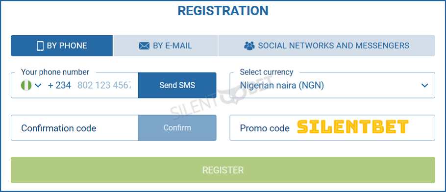1xbet Nigeria registration form