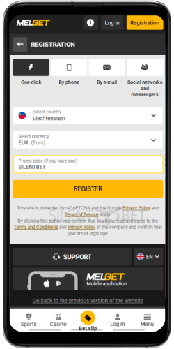 Melbet mobile registration form and code on app