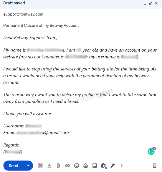 Betway account deletion email draft