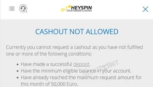heyspin cashout not allowed