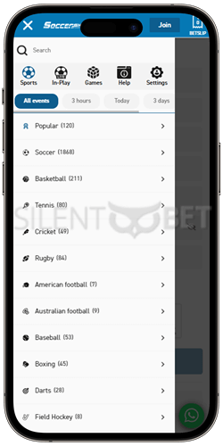 soccershop mobile app menu