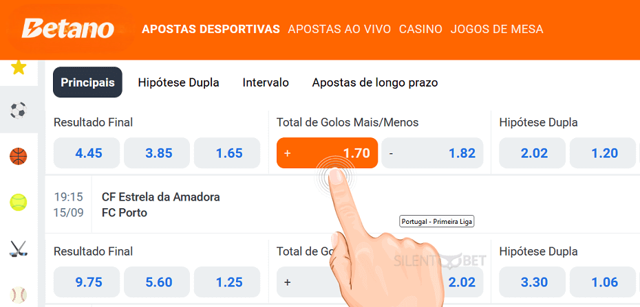 betano total de golos mais menos