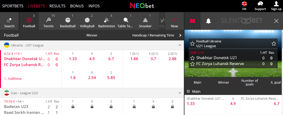 NEO.bet live betting page