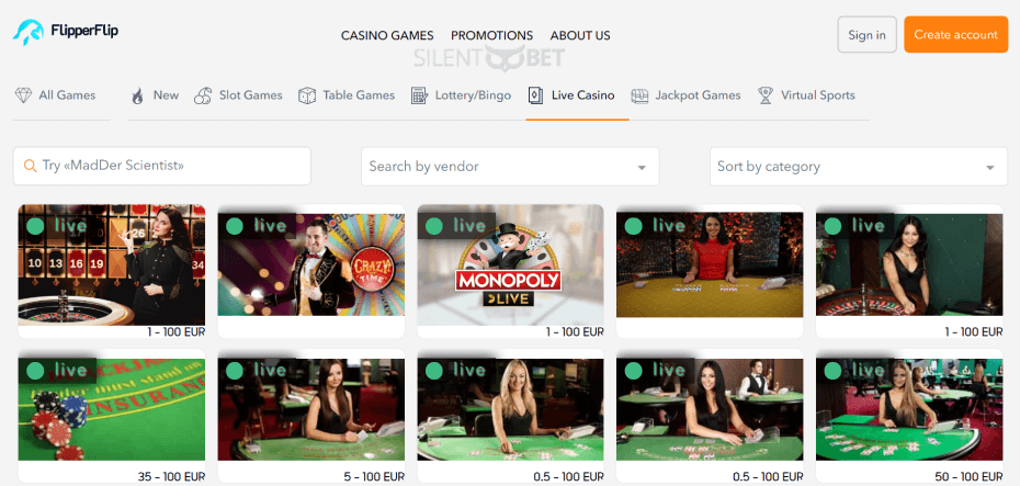 Flipperflip Casino Live Games
