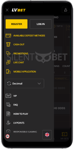 LVbet Menu on Android