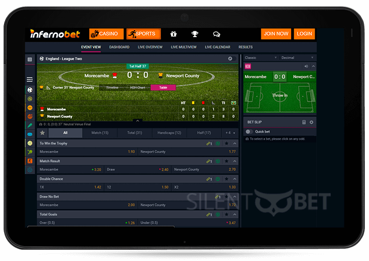 Infernobet mobile version for tablet